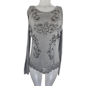 One World Heathered Gray Filagree Studded Lace Bottom Knit Blouse XL